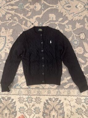 Polo by Ralph Lauren Black Cable-Knit Button-Up Cardigan with Logo